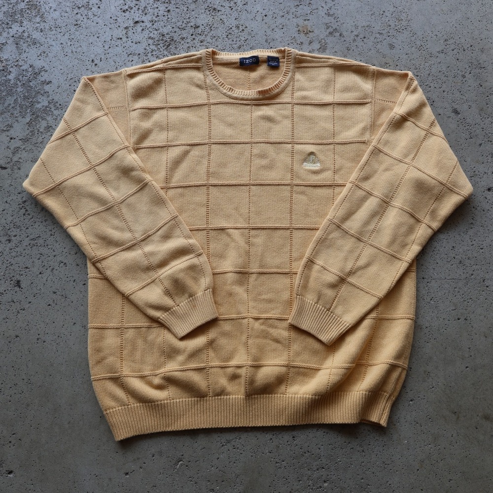 Vintage 90s IZOD Mens XL Cotton Knit Sweater Tan Windowpane Made Hong Kong